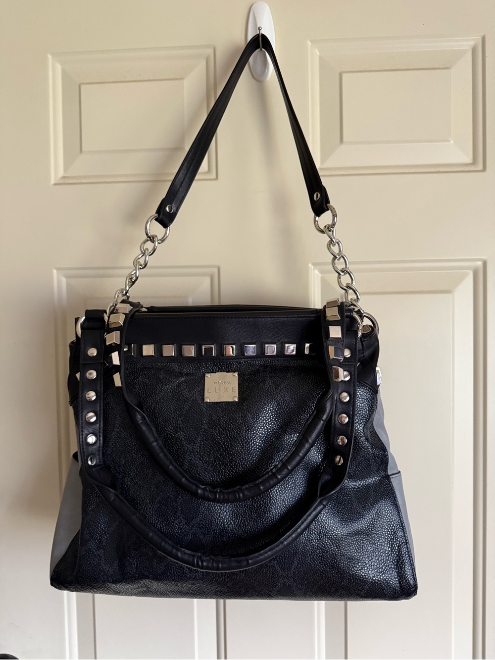 Luxe Black Studded Chain Shoulder Bag with Silver Hardware